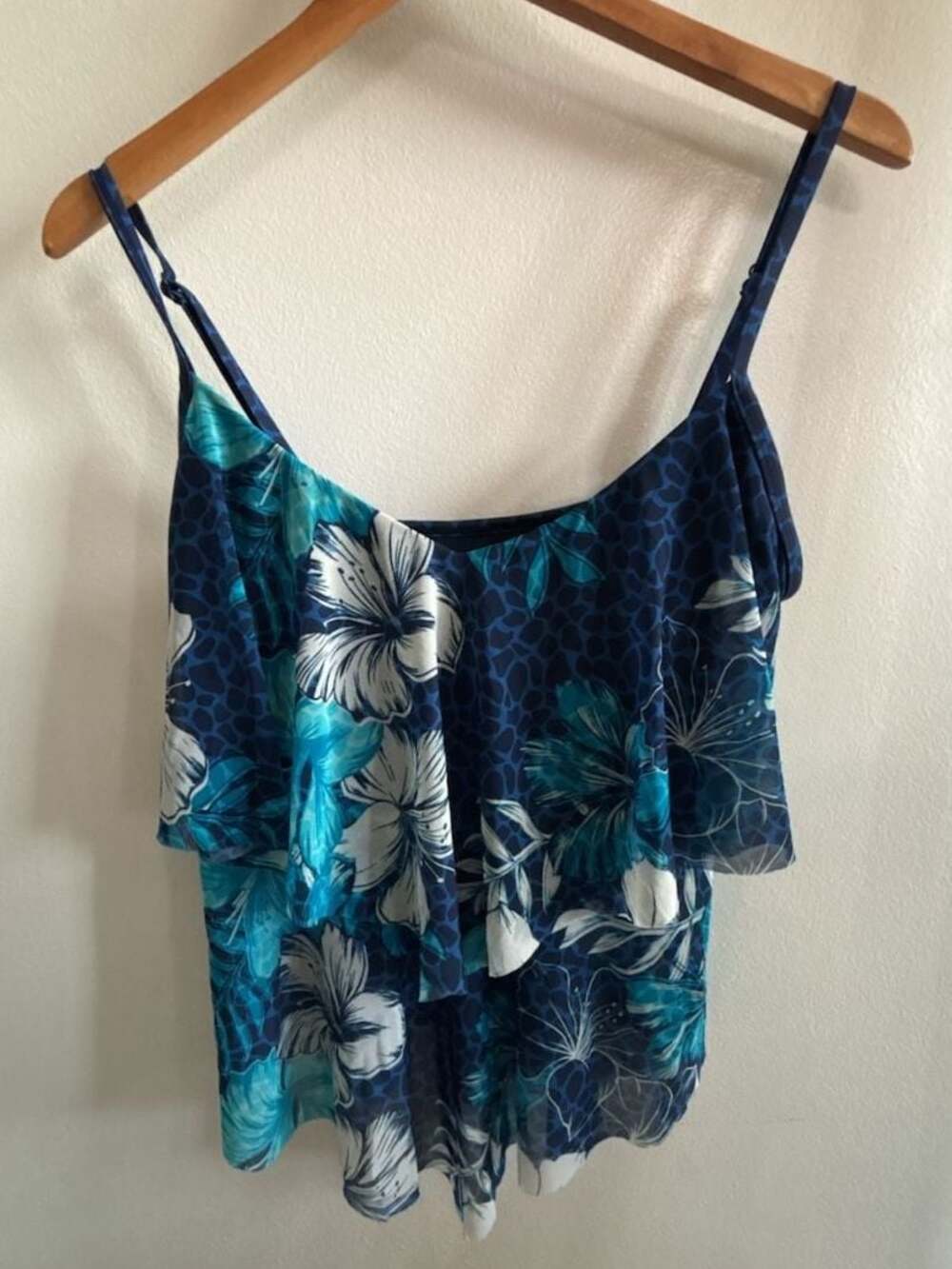 Beach House Portia Mesh Tiered Tankini Swim Top Blue Floral Size 14